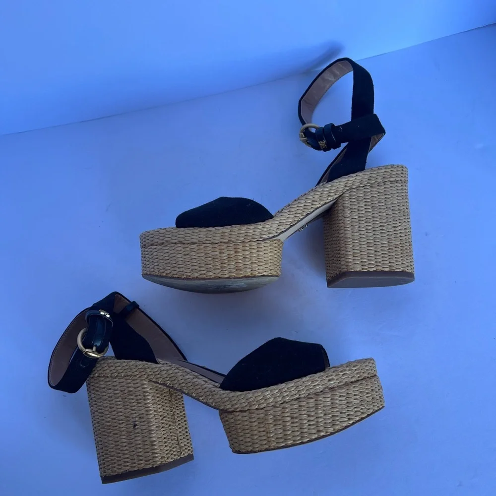 Sam Edelman Tan‎ Immie Black Woven Platform Ankle-Strap Heels